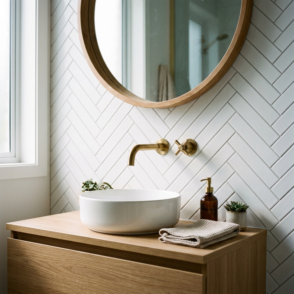 White Herringbone Backsplash with Gold Faucet